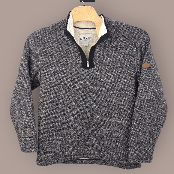 ORVIS Sherpa Lined Knit‎ Jacket Men's XL Black Gray Pullover 1/4 Zip Gorpcore - Picture 1 of 12